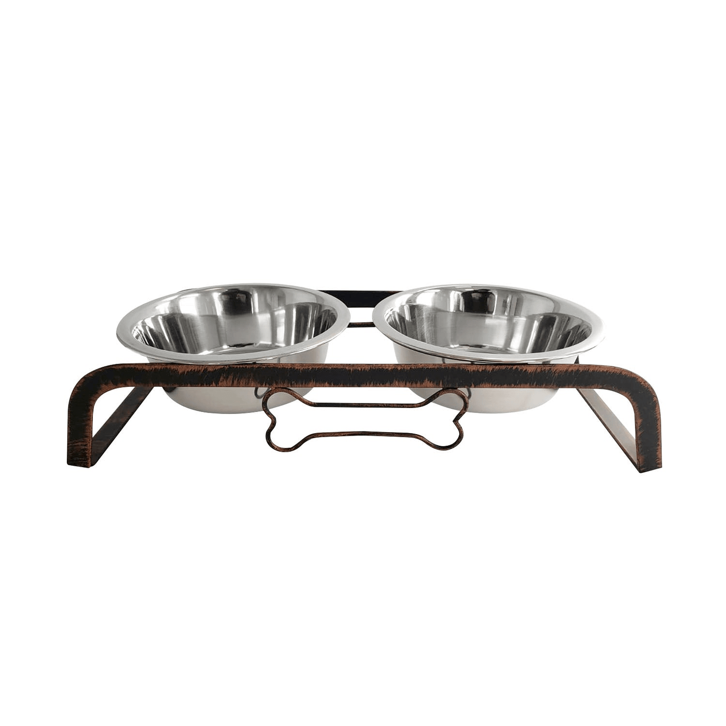 Dog and Pet Stuff 1 Quart Rustic Dog Bone Feeder with 2 Stainless Steel Dog Bowls