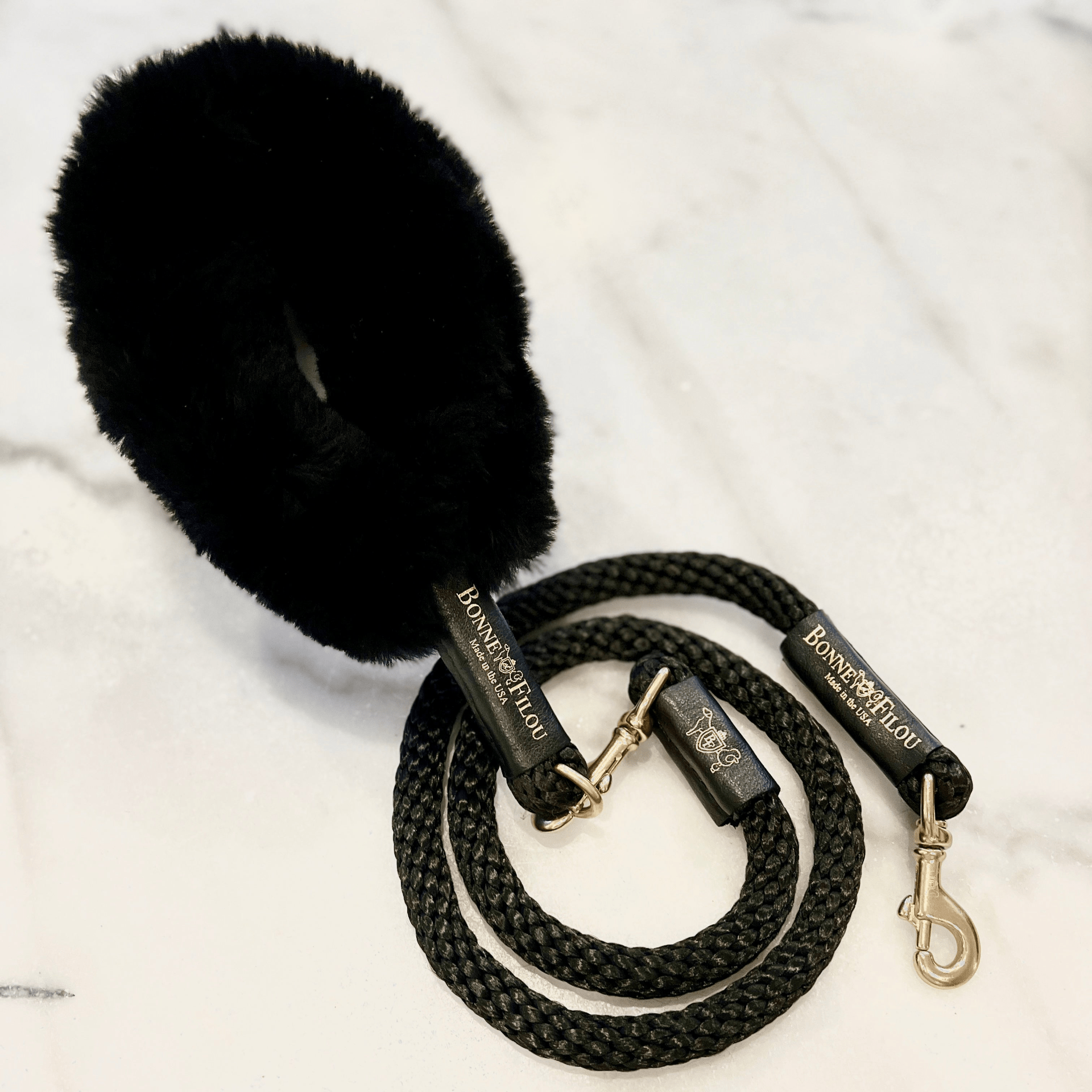 Dog and Pet Stuff Black Grip + Black Leash Bundle Shearling Fur Grip + Rope Leash for Dogs