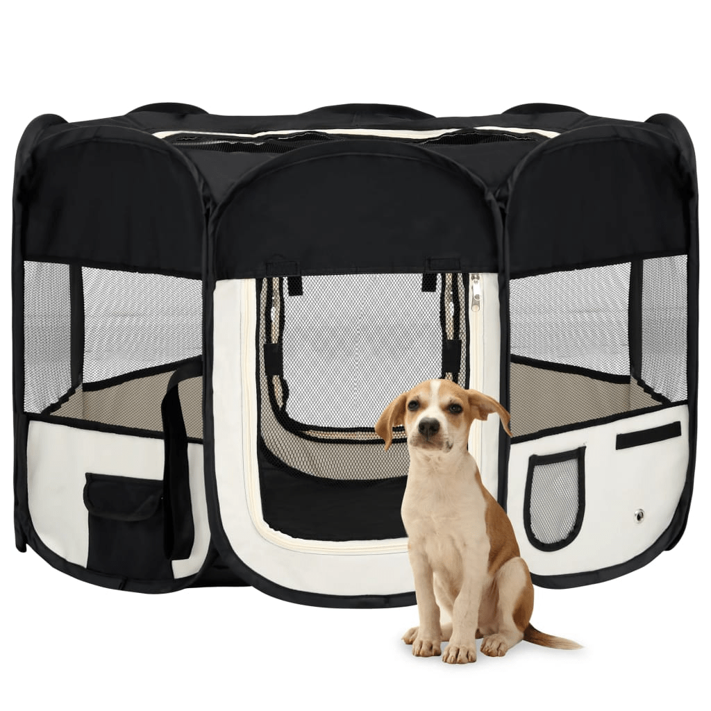 Dog and Pet Stuff Black vidaXL Foldable Dog Playpen with Carrying Bag Black 43.3"x43.3"x22.8"