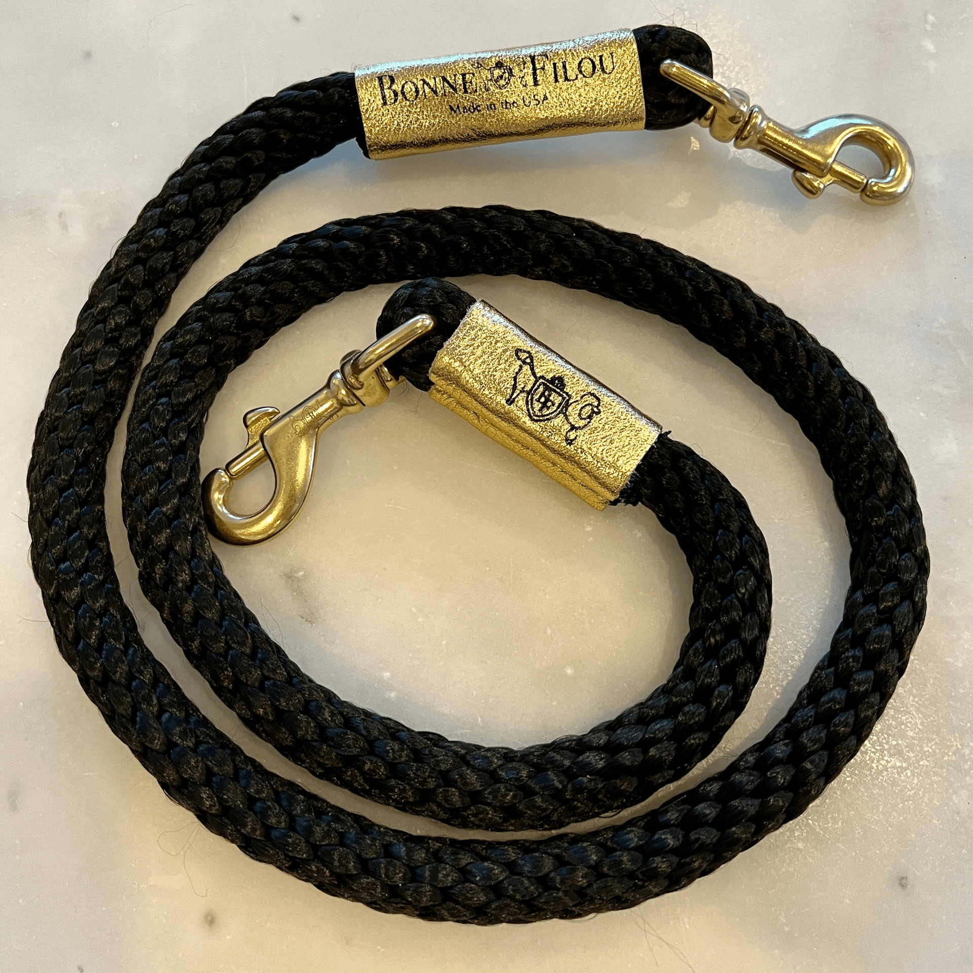 Dog and Pet Stuff Black w/ Metallic Gold Leather Sleeve Rope Leash for Dogs (Standalone)