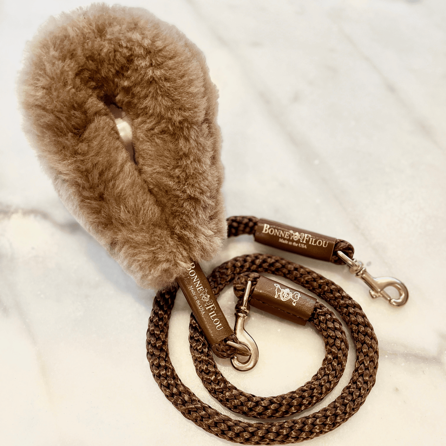 Dog and Pet Stuff Camel Grip + Brown Leash Bundle Shearling Fur Grip + Rope Leash for Dogs