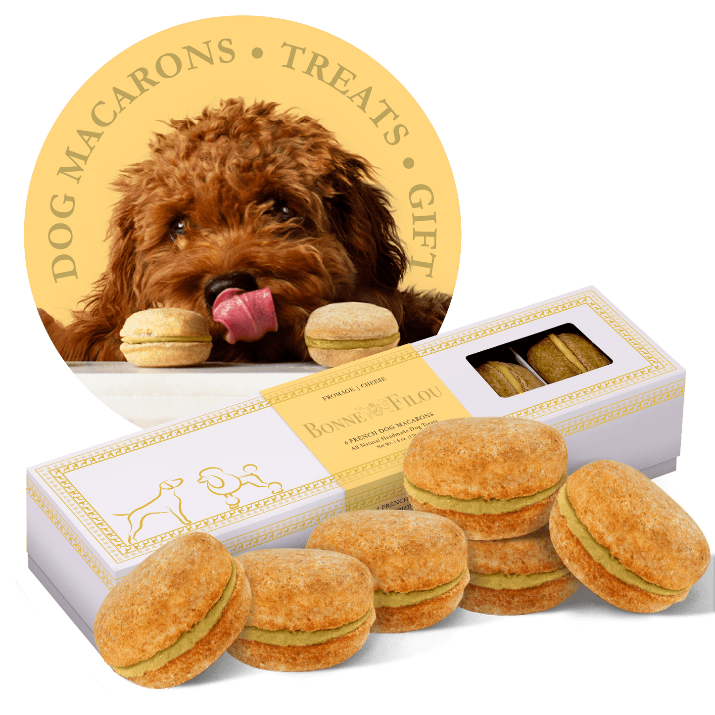 Dog and Pet Stuff Cheese Dog Macarons (Count of 6 - window in packaging)