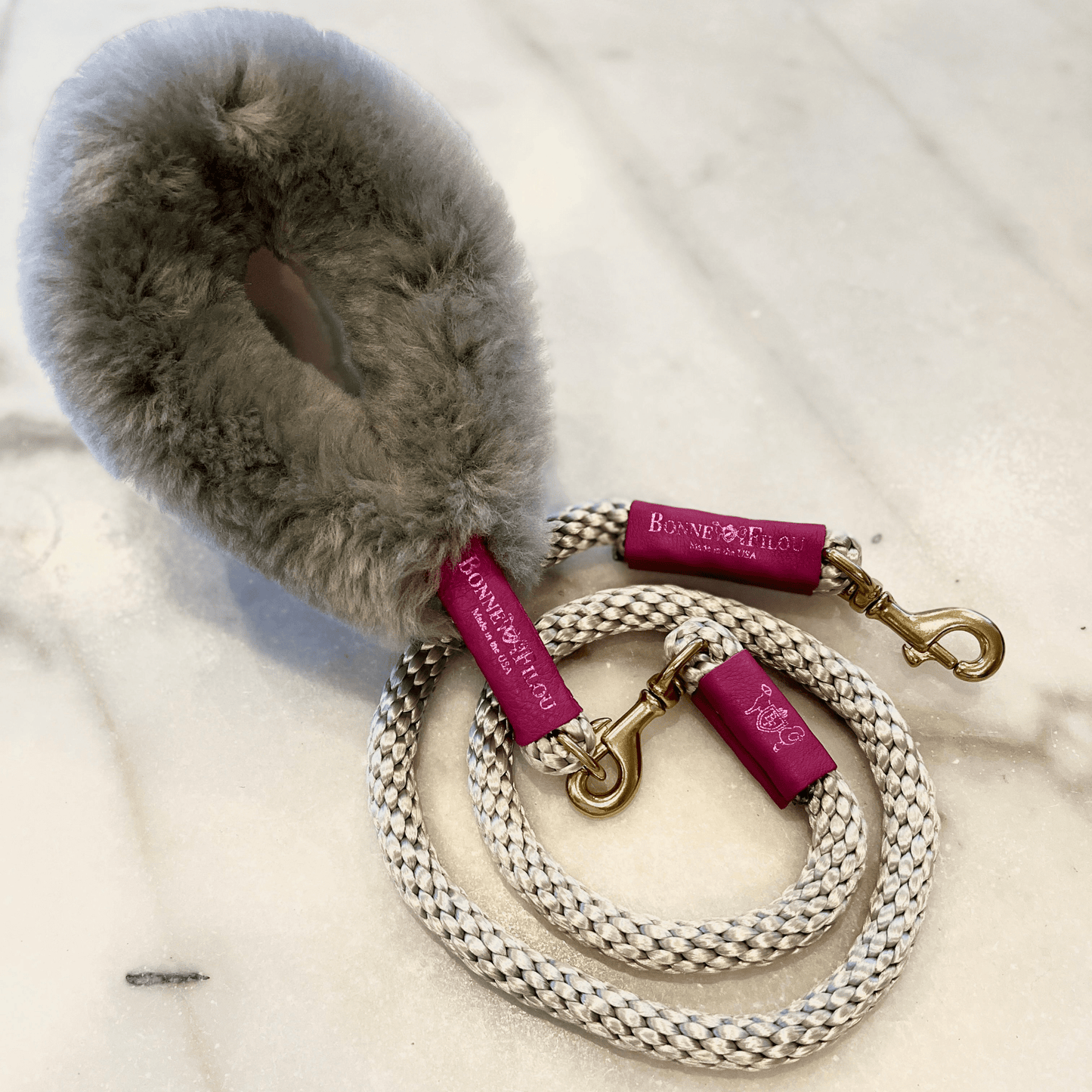 Dog and Pet Stuff Gray Grip + Gray Leash Bundle Shearling Fur Grip + Rope Leash for Dogs