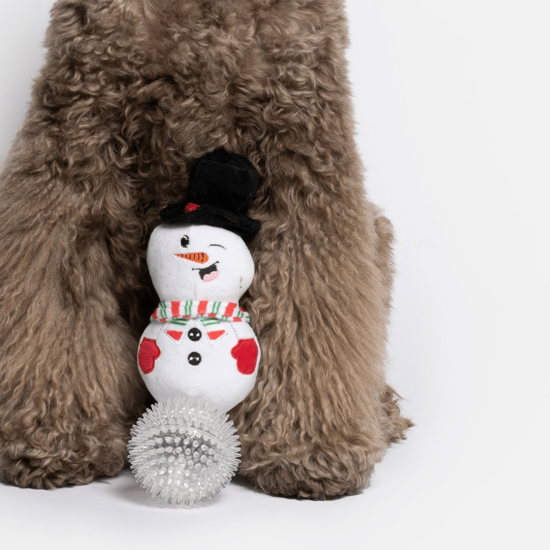 Dog and Pet Stuff Long Plush Snowman with Spikey Rubber Ball Toy