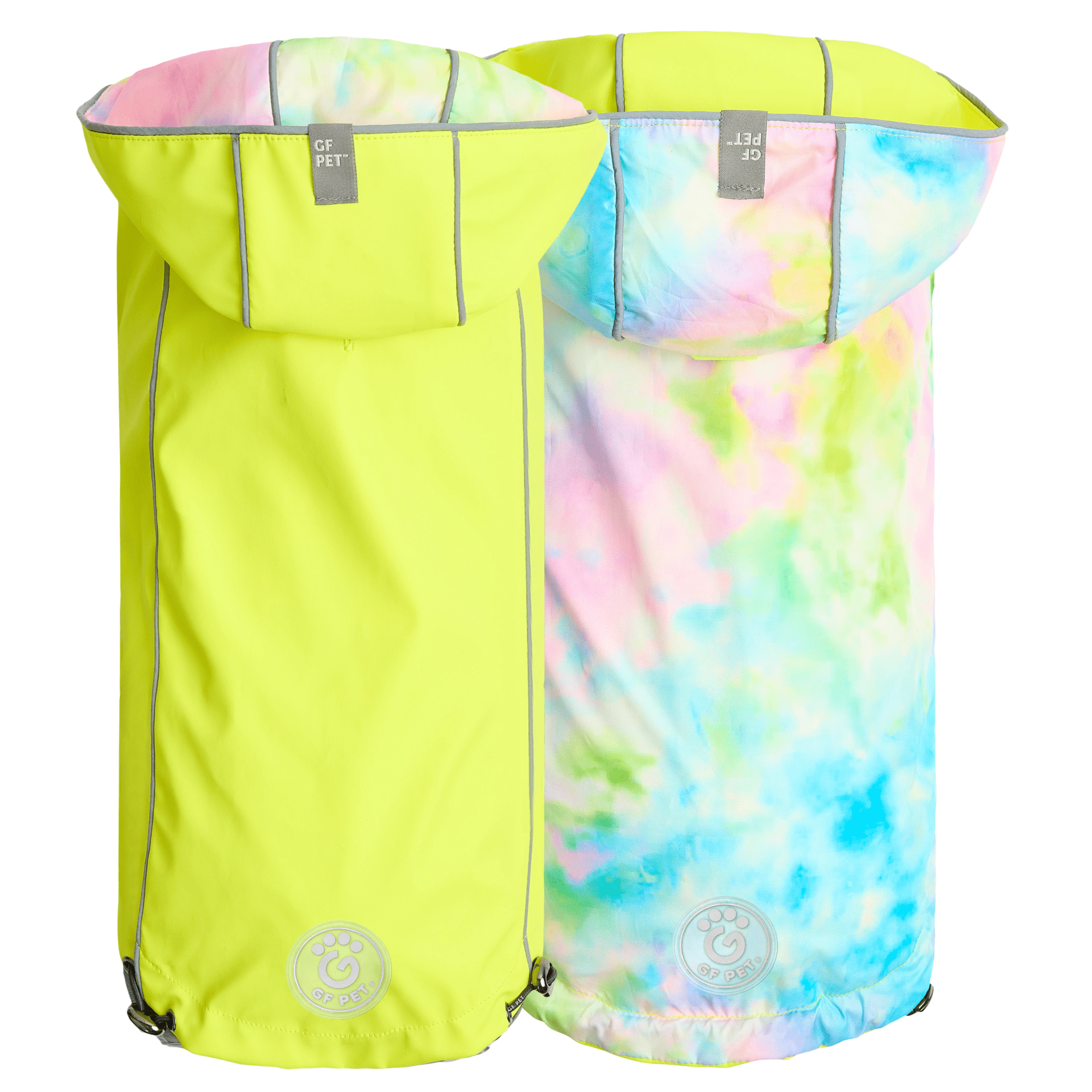 Dog and Pet Stuff Reversible Raincoat - Neon Yellow with Tie Dye