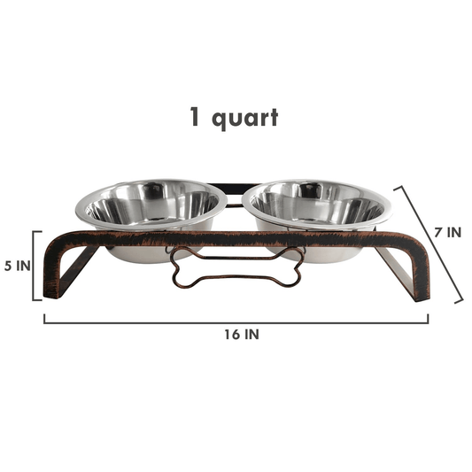 Dog and Pet Stuff Rustic Dog Bone Feeder with 2 Stainless Steel Dog Bowls