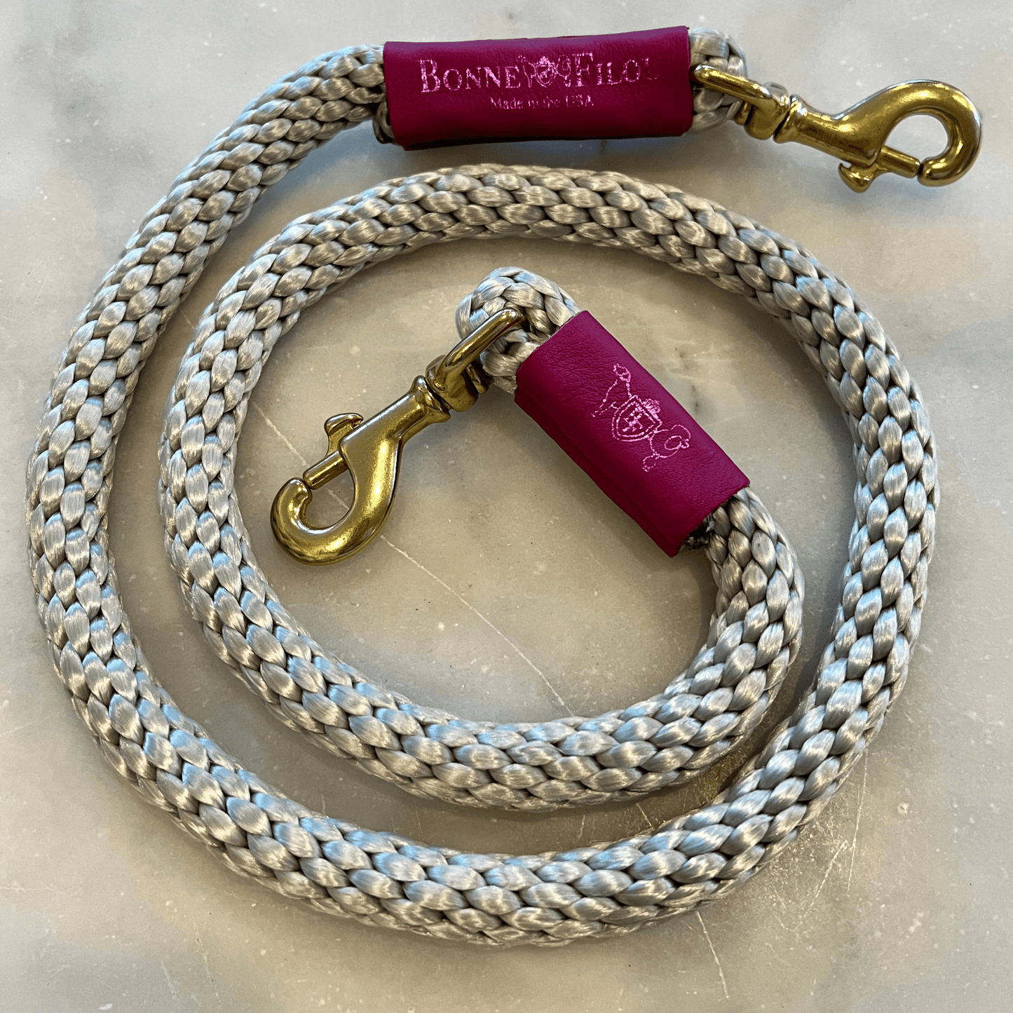 Dog and Pet Stuff Silver Gray w/ Fuchsia Leather Sleeve Rope Leash for Dogs (Standalone)