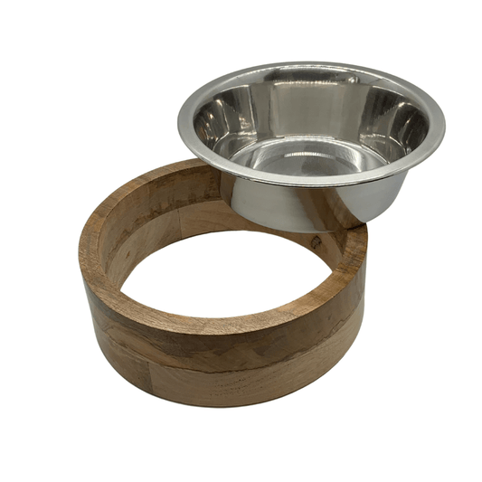 Dog and Pet Stuff Stainless Steel Dog Bowl with Cylindrical Mango Wood Holder